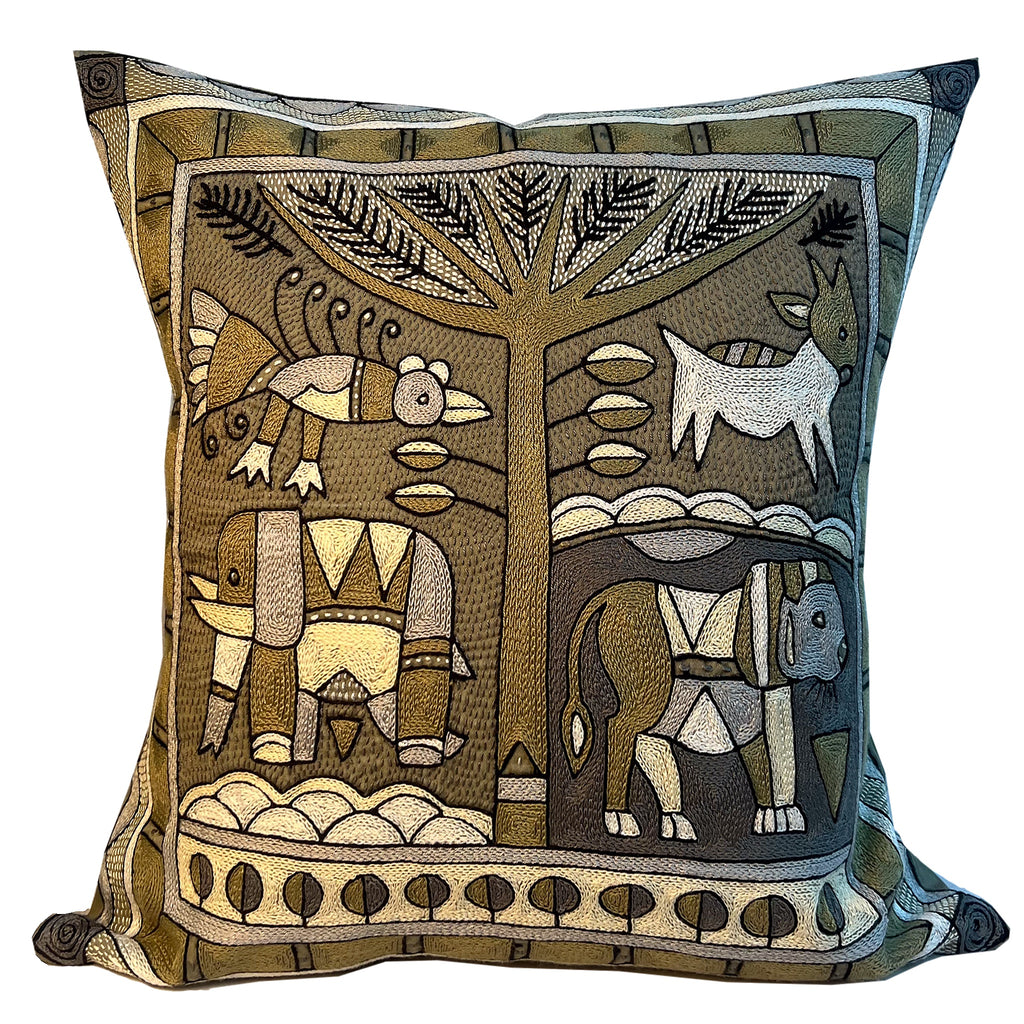 Scatterling of Africa Lion Hunt Hand-Embroidered Cushion Cover