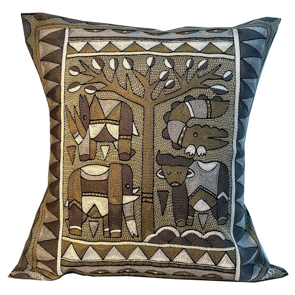 Scatterling of Africa Animals under a Thorntree Hand-Embroidered Cushion Cover