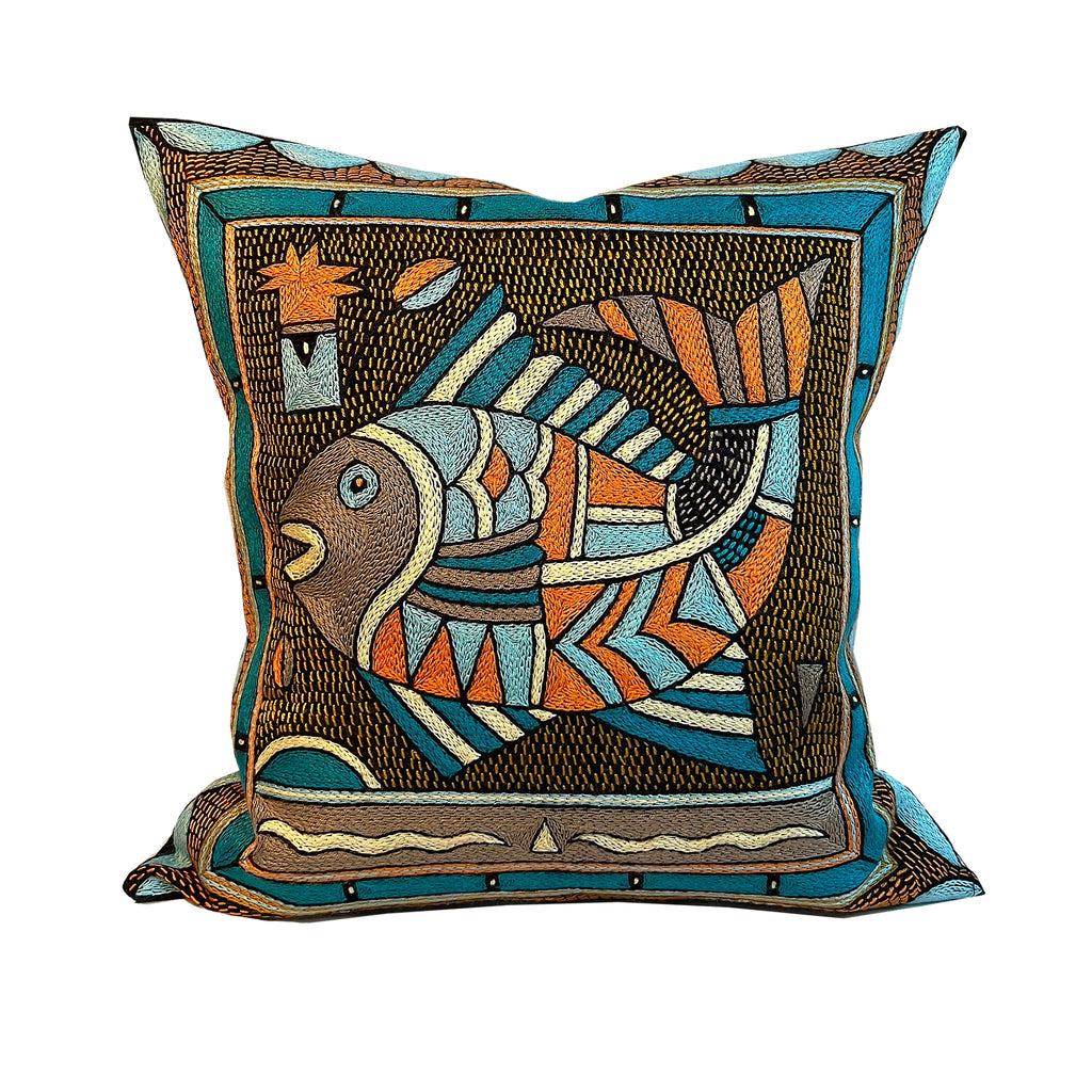 Coastal Calm Fat Fish Hand-Embroidered  Cushion Cover