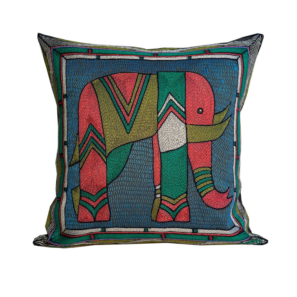 Turaco Elephant Bull Hand-Embroidered Cushion Cover