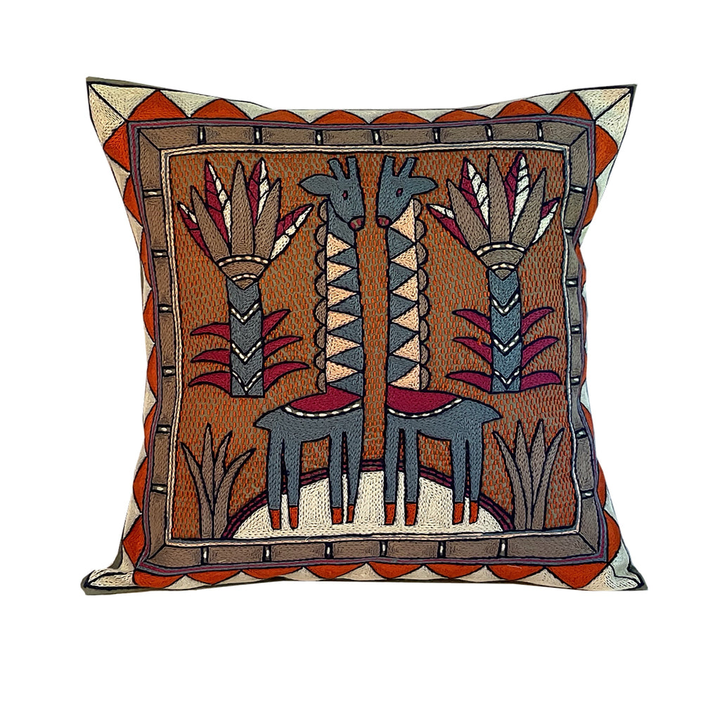 Ruby Sunset Giraffe Brothers Hand-Embroidered Cushion Cover