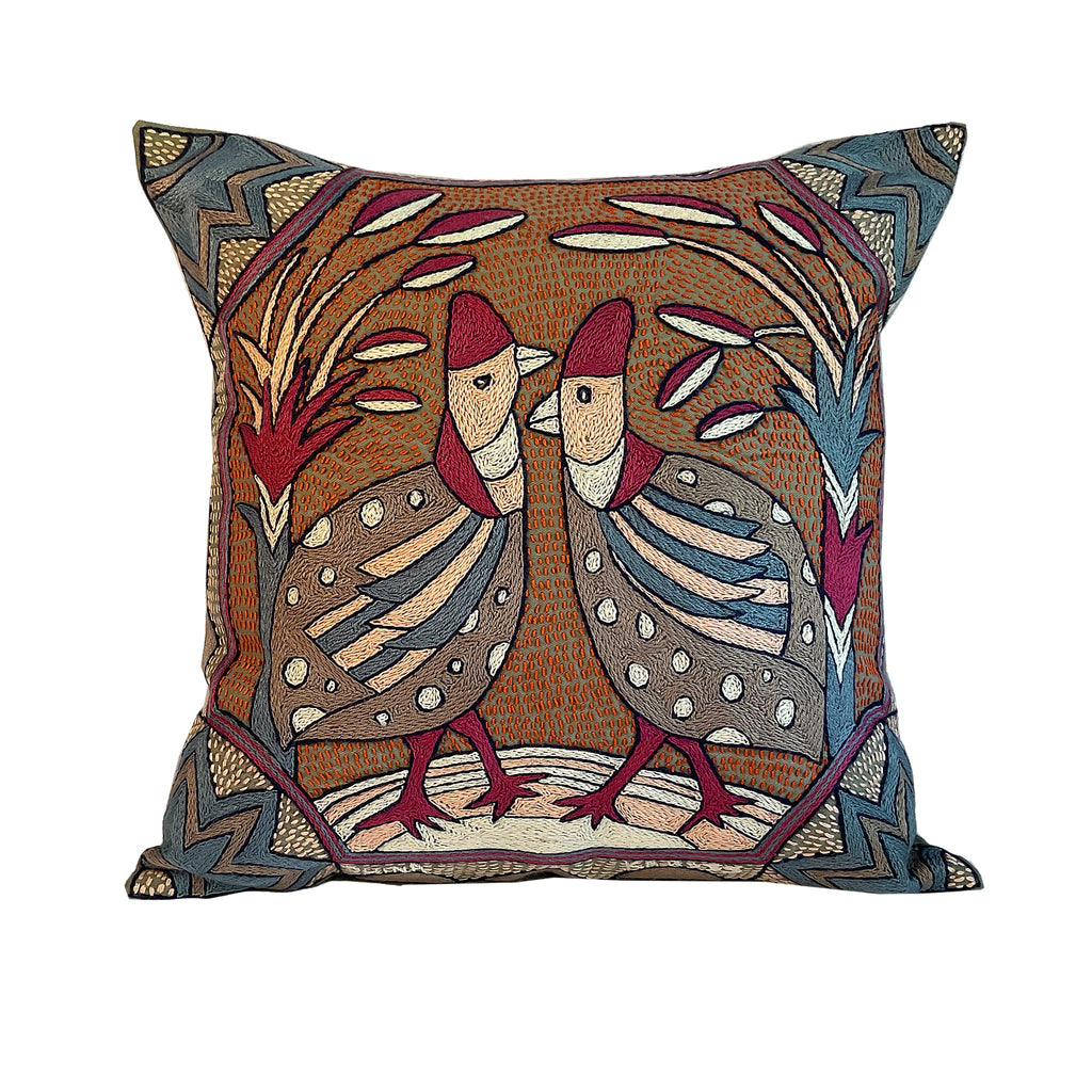 Ruby Sunset Guinea Chat Hand-Embroidered Cushion Cover