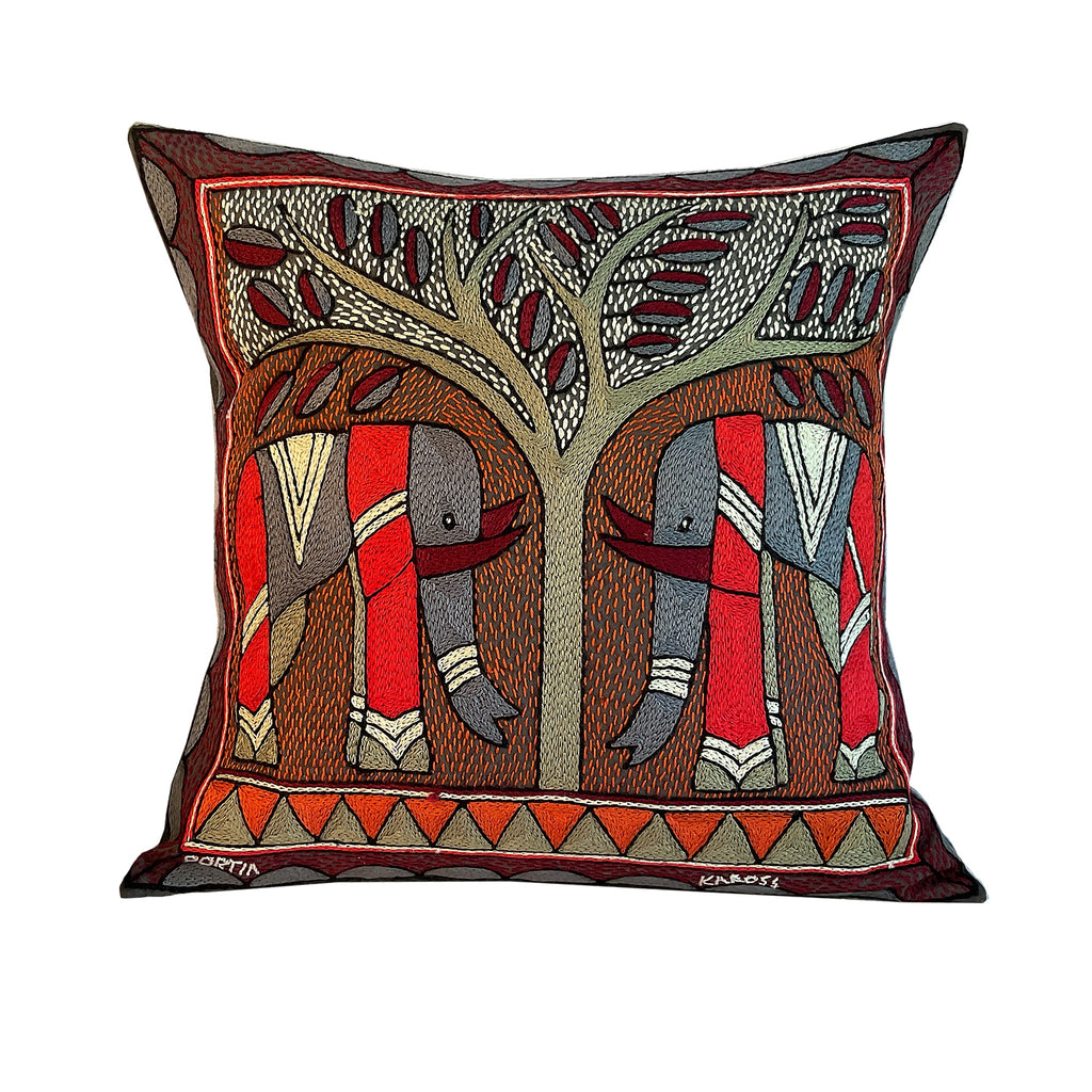 Royal Zulu Elephant Pair Hand-Embroidered Cushion Cover