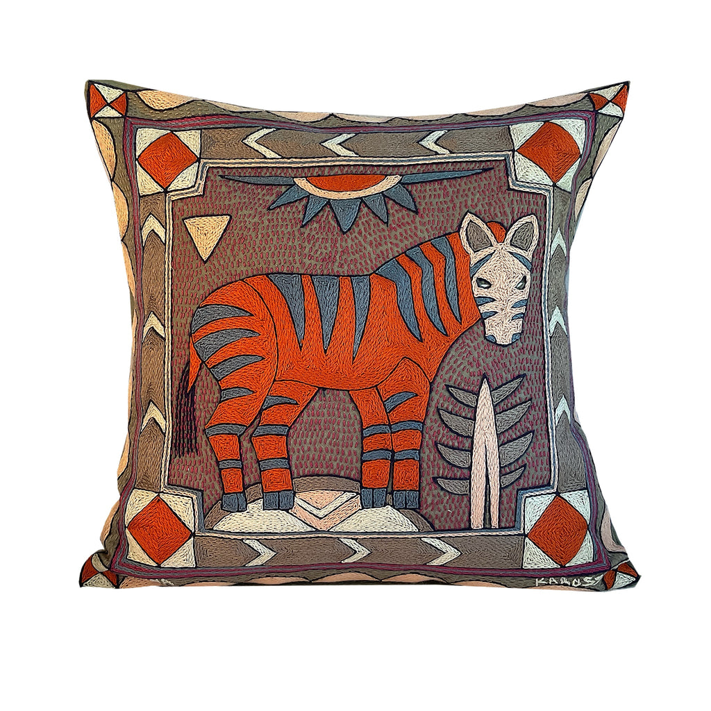 Ruby Sunset Zebra Hand-Embroidered Cushion Cover