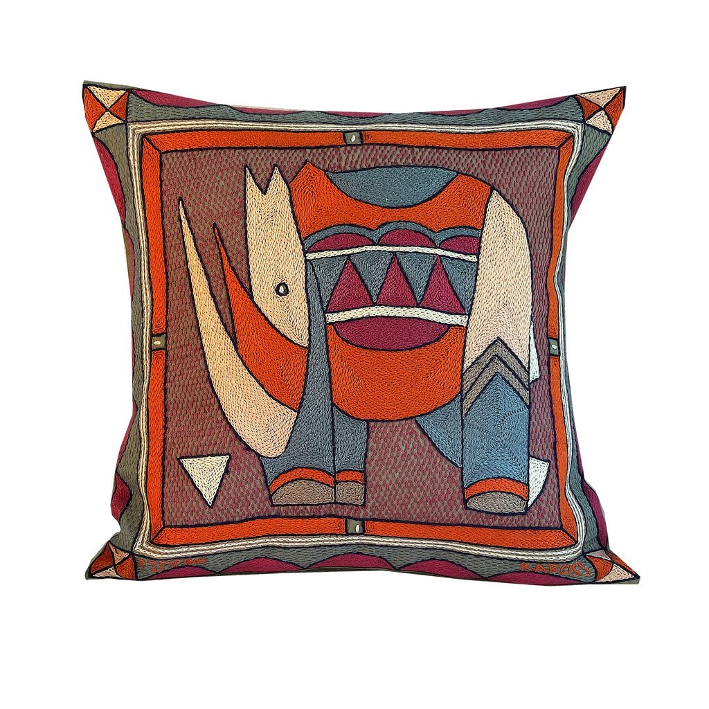 Ruby Sunset Rhino Hand-Embroidered Cushion Cover