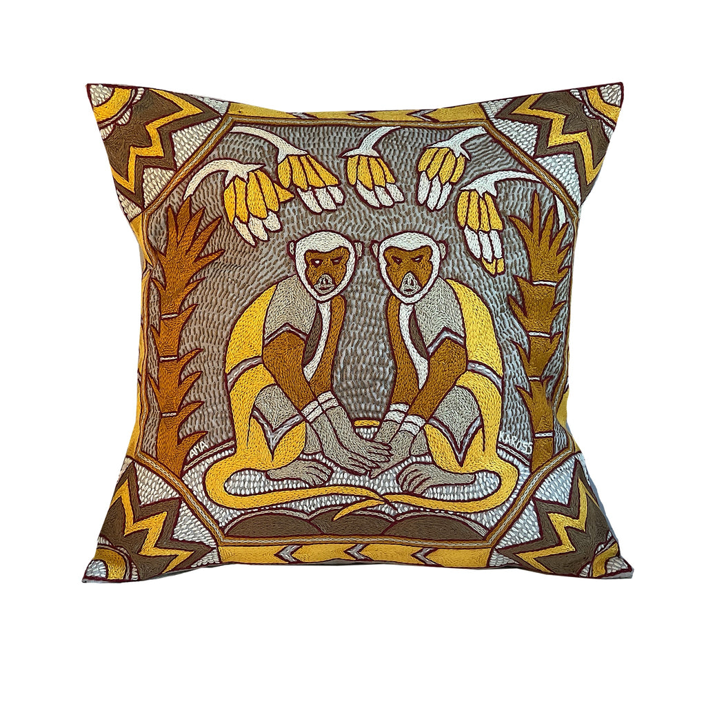 African Dawn Monkeys Hand-Embroidered Cushion Cover