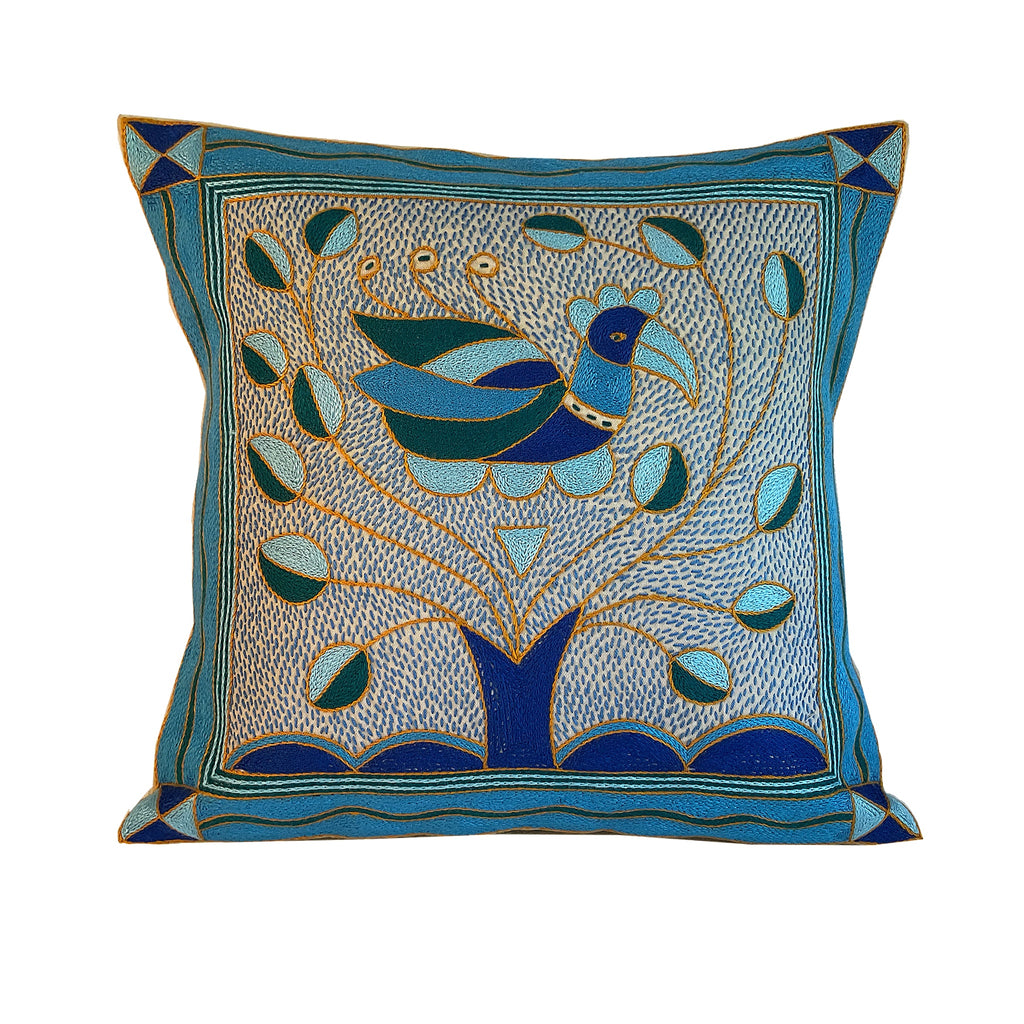 Delpht Bird in Bush Hand-Embroidered  Cushion Cover