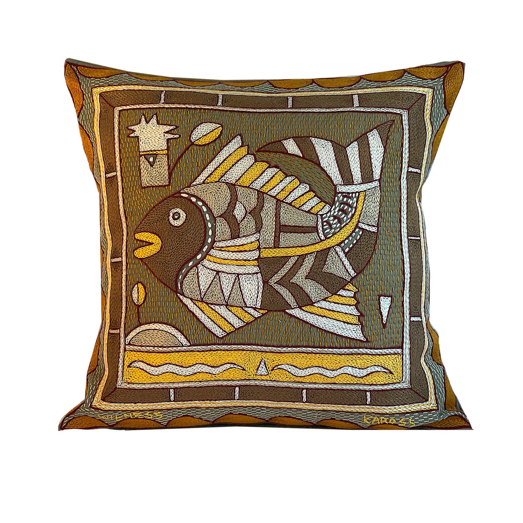 African Dawn Fat Fish Hand-Embroidered Cushion Cover