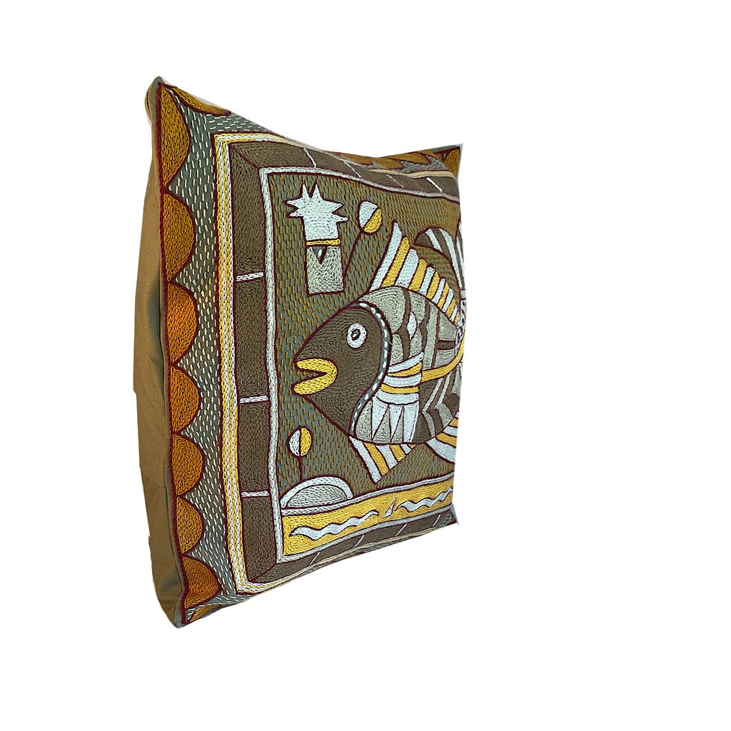 African Dawn Fat Fish Hand-Embroidered Cushion Cover