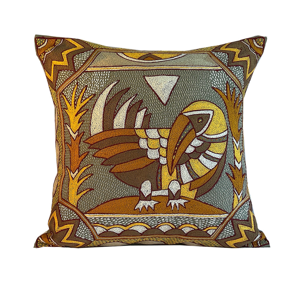 African Dawn Pheasant Hand-Embroidered Cushion Cover