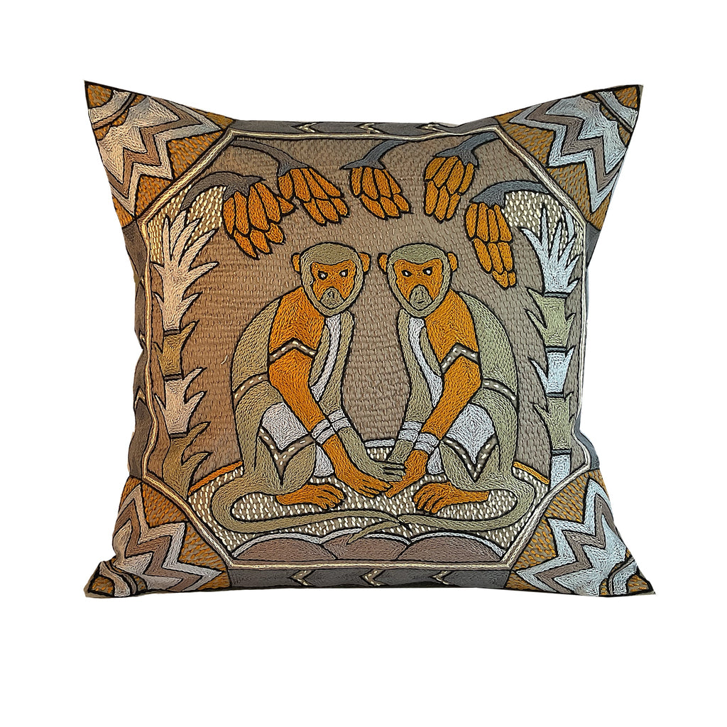 Ode to the African Savannah Mokeys Hand-Embroidered Cushion Cover