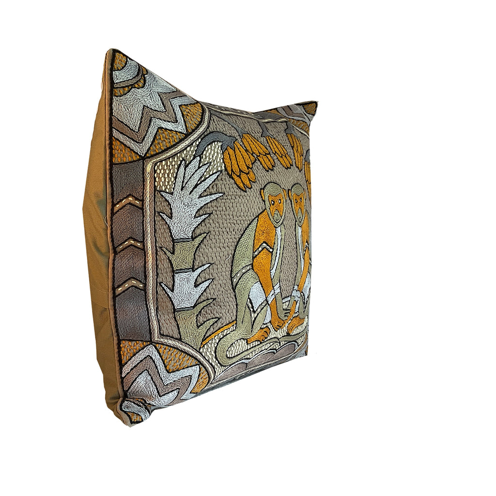 Ode to the African Savannah Mokeys Hand-Embroidered Cushion Cover