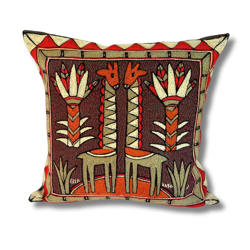 Royal Zulu Giraffe Brothers Hand-Embroidered Cushion Cover
