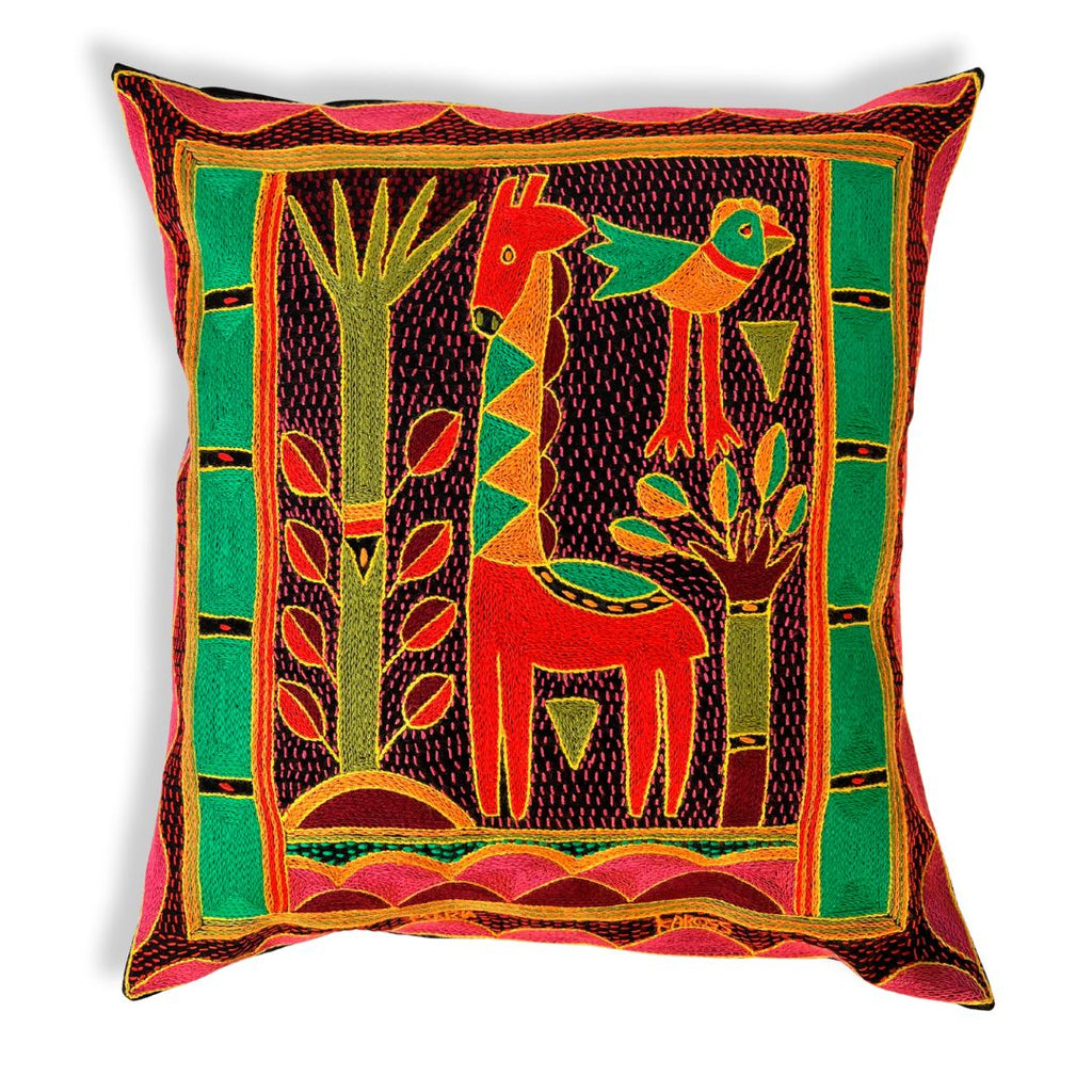 Shangaan Love Giraffe Grazing Hand-Embroidered Cushion Cover