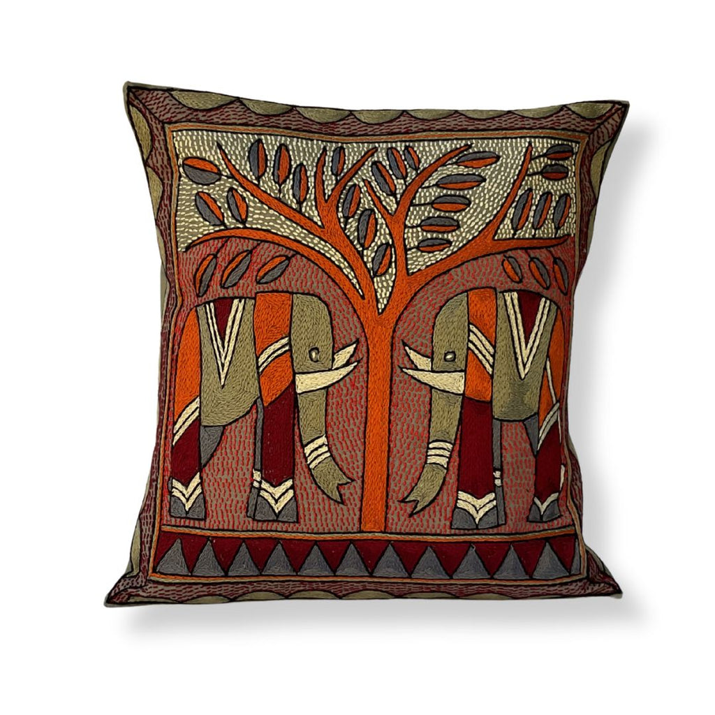 Royal Zulu Elephant Pair Hand-Embroidered Cushion Cover