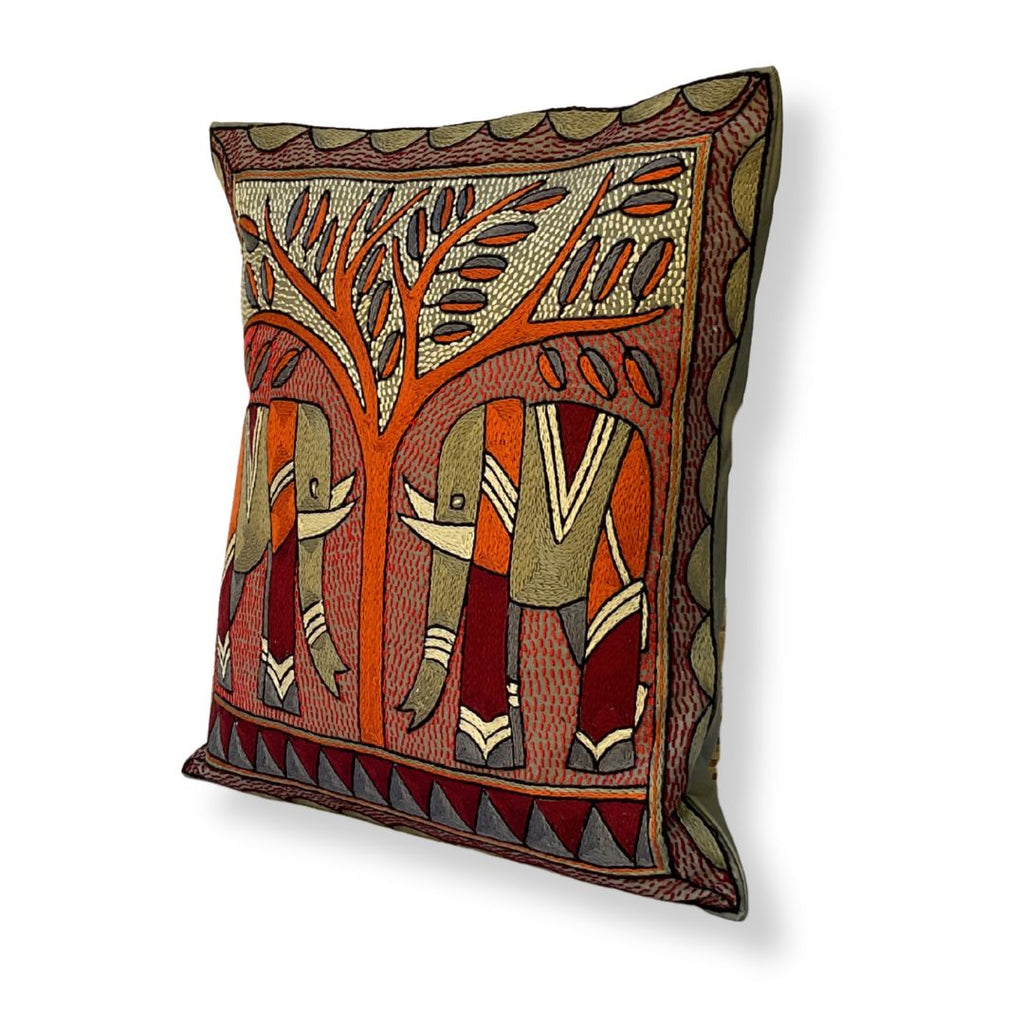 Royal Zulu Elephant Pair Hand-Embroidered Cushion Cover