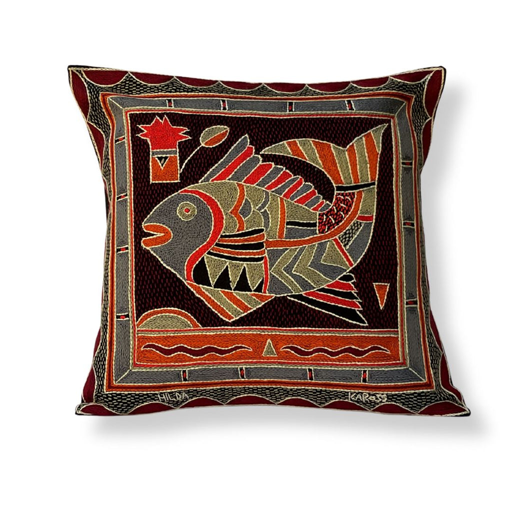 Royal Zulu Fat Fish Hand-Embroidered Cushion Cover