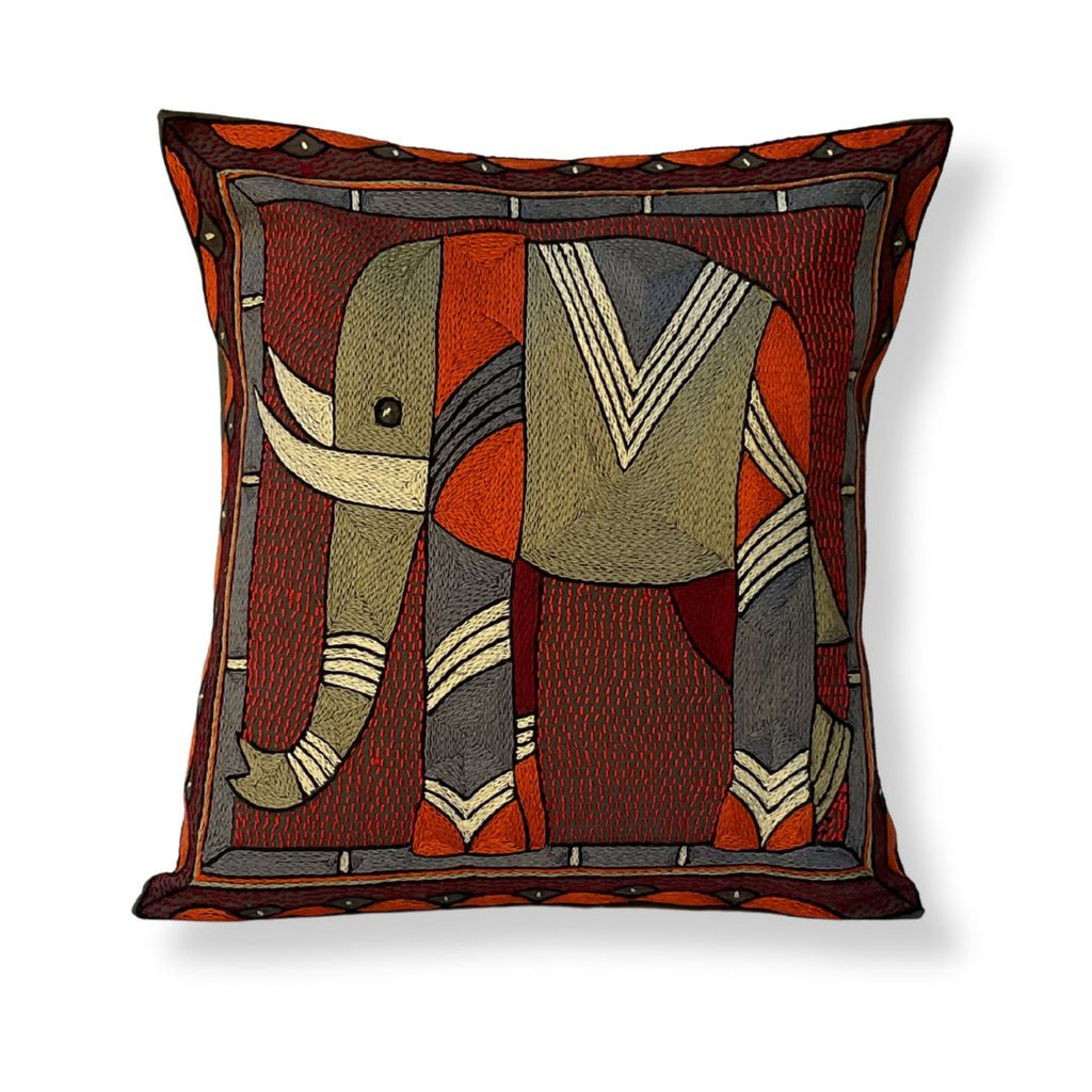 Royal Zulu Elephant Hand-Embroidered Cushion Cover