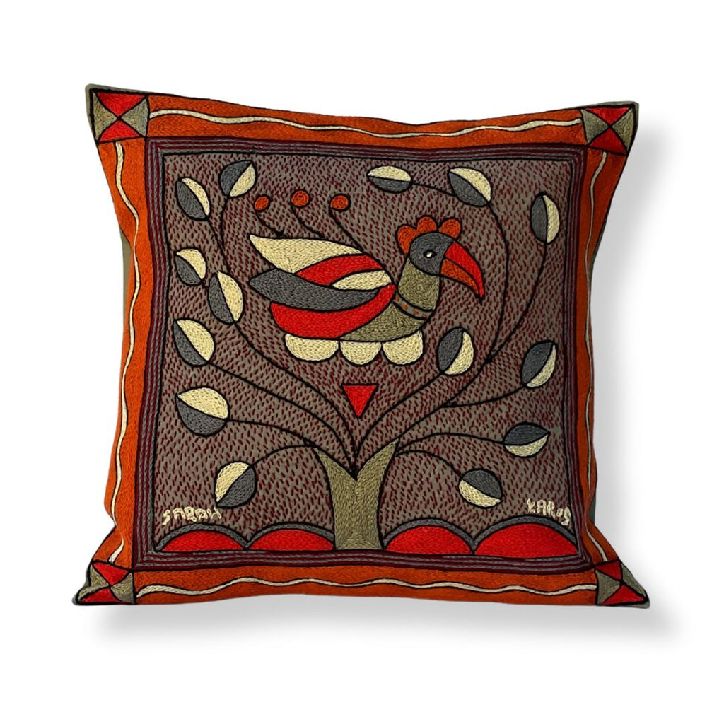 Royal Zulu Bird in a Bush Hand-Embroidered Cushion Cover