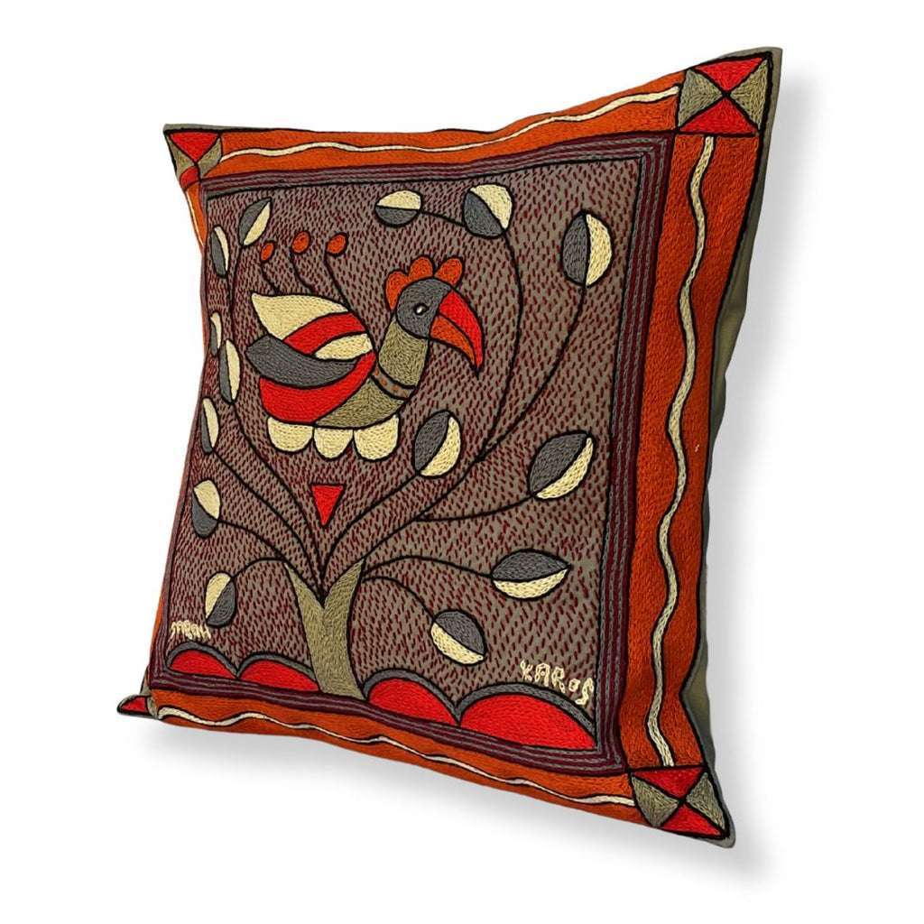 Royal Zulu Bird in a Bush Hand-Embroidered Cushion Cover
