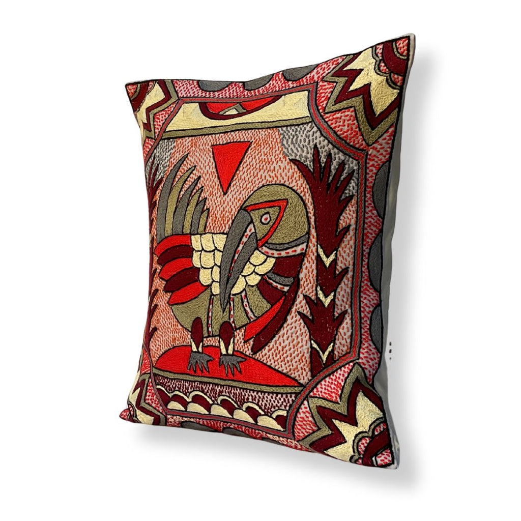 Royal Zulu Ground Hornbill Hand-Embroidered Cushion Cover