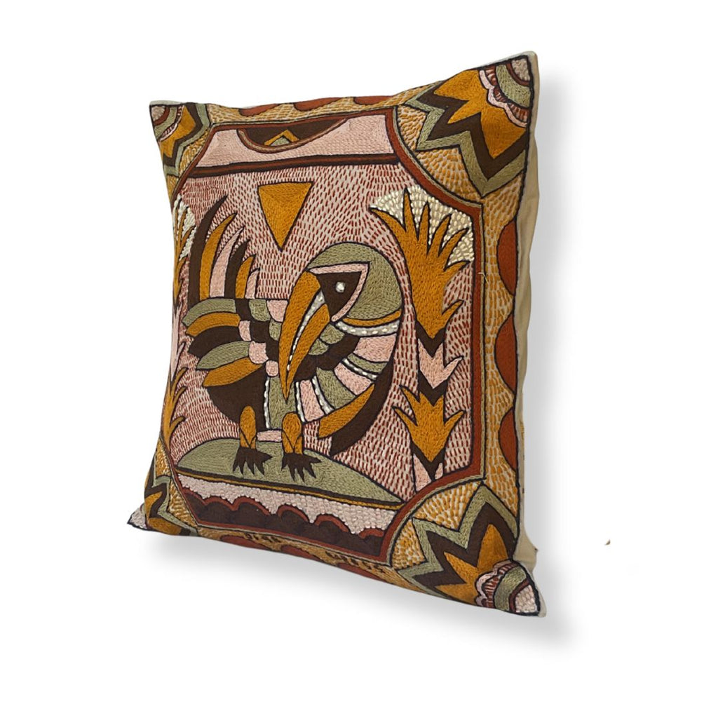Namib Rust Ground Hornbill Hand-Embroidered Cushion Cover