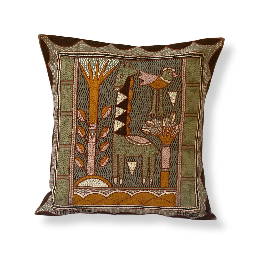 Namib Rust Giraffe Grazing Hand-Embroidered  Cushion Cover