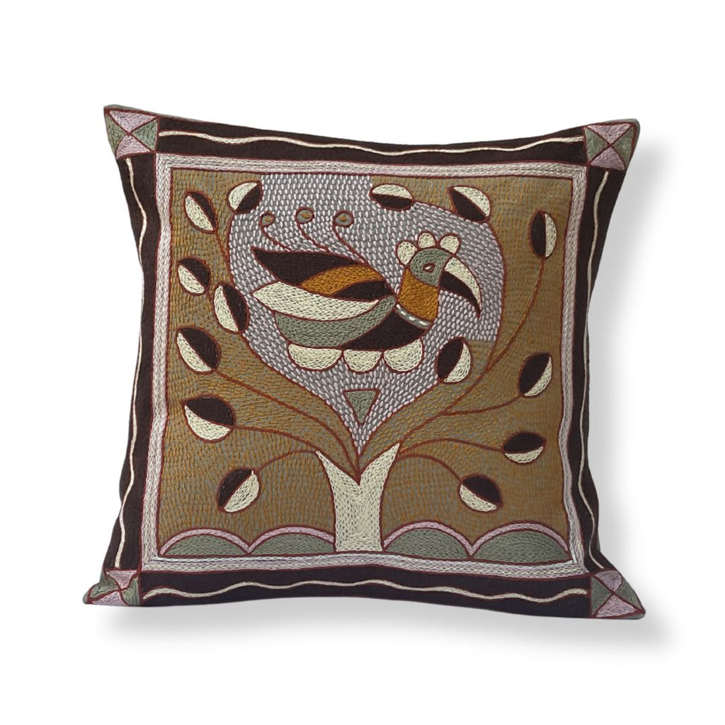 Namib Rust Bird in a Bush Hand-Embroidered Cushion Cover