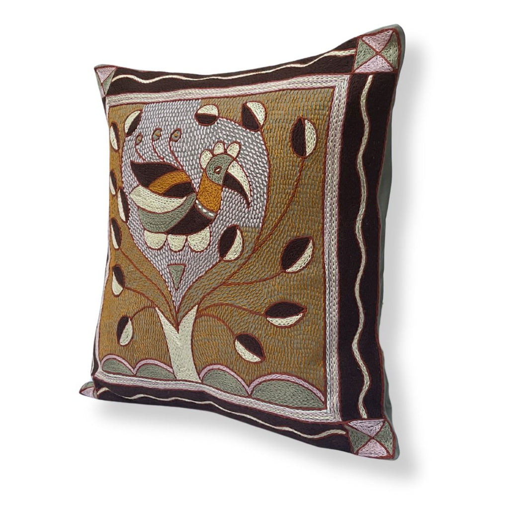 Namib Rust Bird in a Bush Hand-Embroidered Cushion Cover