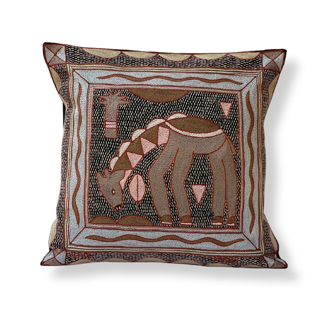 Namib Rust Drinking Giraffe Hand-Embroidered Cushion Cover