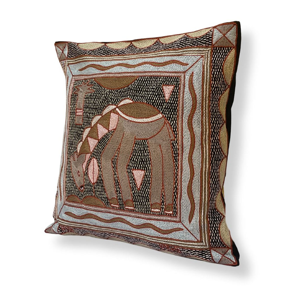 Namib Rust Drinking Giraffe Hand-Embroidered Cushion Cover