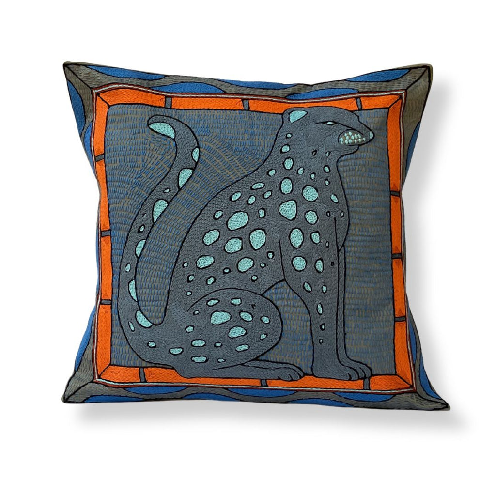 Bougainvillea Leopard Hand-Embroidered Cushion Cover