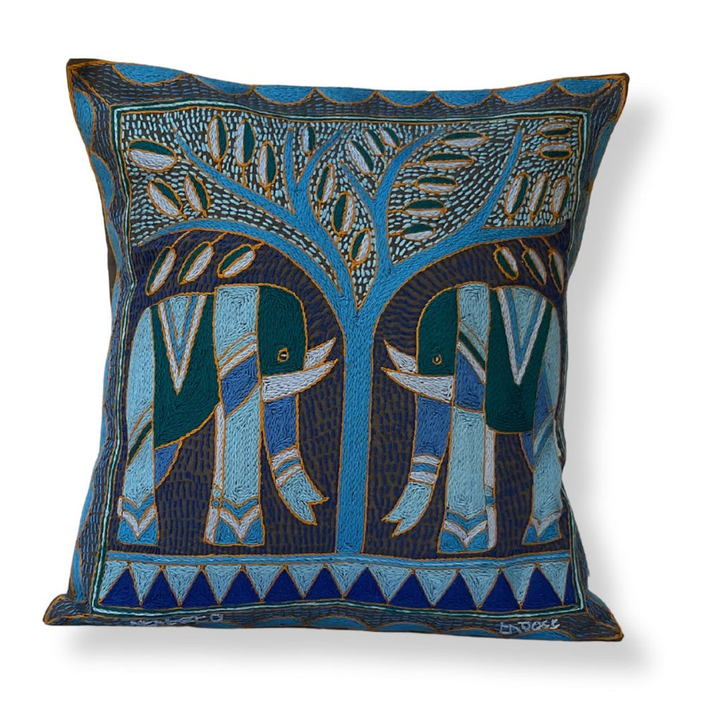 Delpht Elephant Pair Hand-Embroidered  Cushion Cover