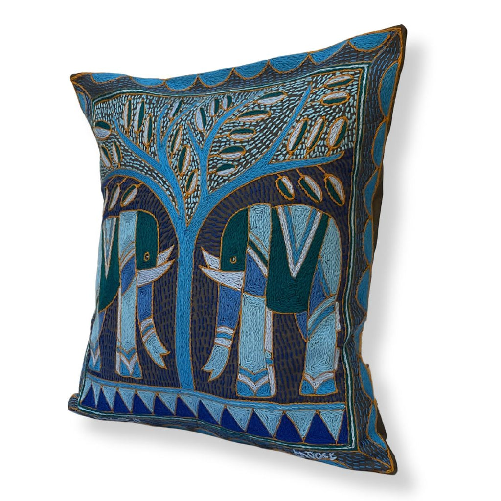 Delpht Elephant Pair Hand-Embroidered  Cushion Cover