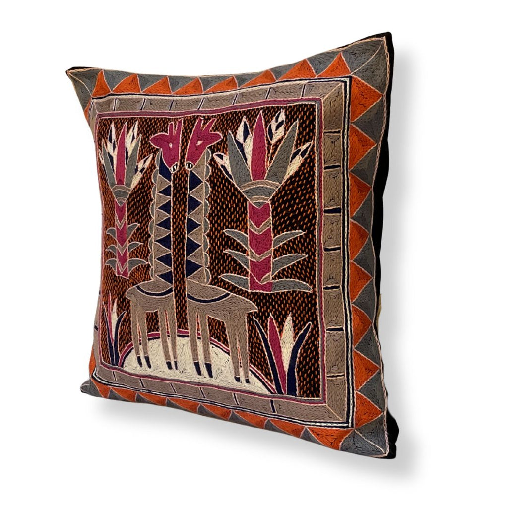 Ruby Sunset Giraffe Brothers Hand-Embroidered Cushion Cover
