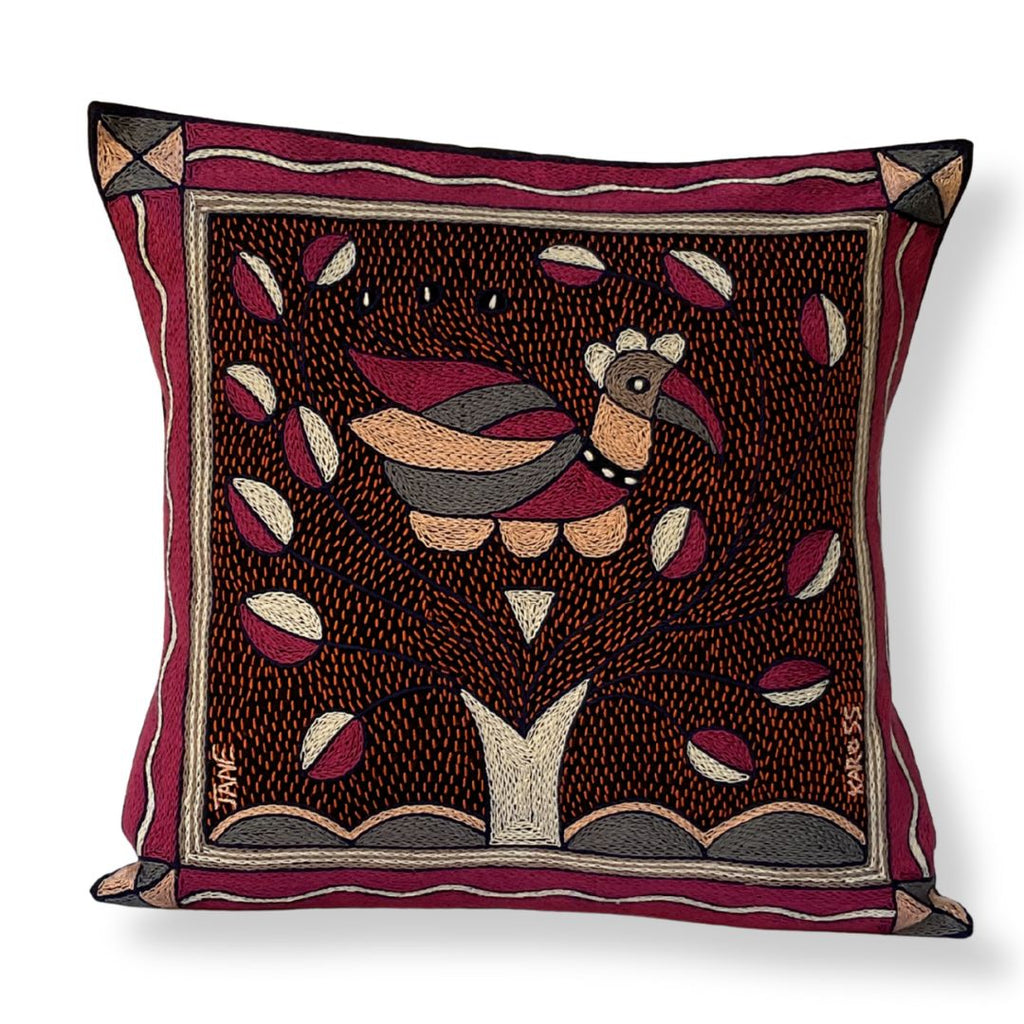 Ruby Sunset Bird in Bush Hand-Embroidered Cushion Cover