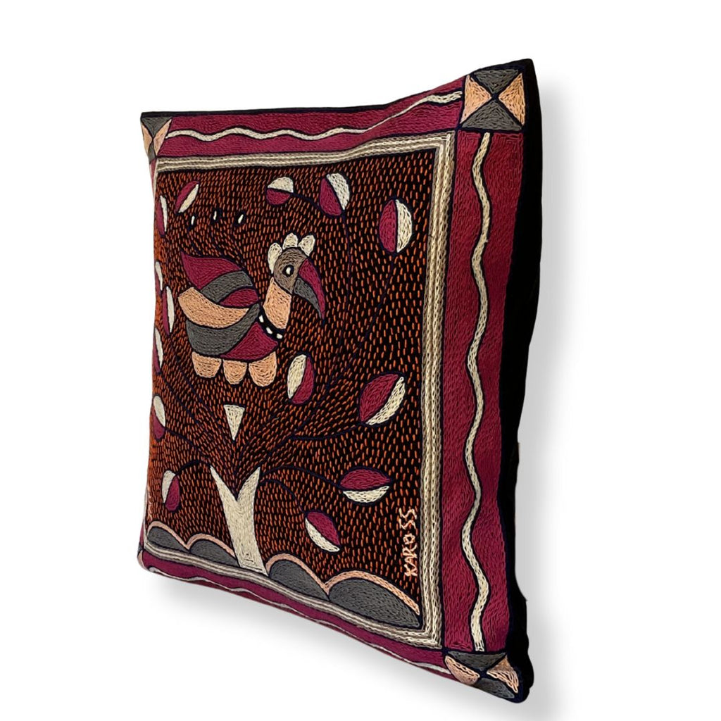 Ruby Sunset Bird in Bush Hand-Embroidered Cushion Cover