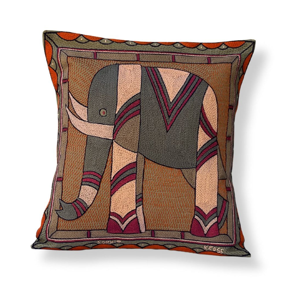 Ruby Sunset Elephant Hand-Embroidered Cushion Cover