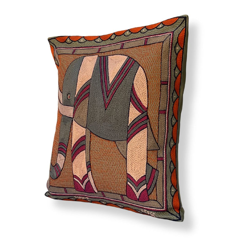 Ruby Sunset Elephant Hand-Embroidered Cushion Cover