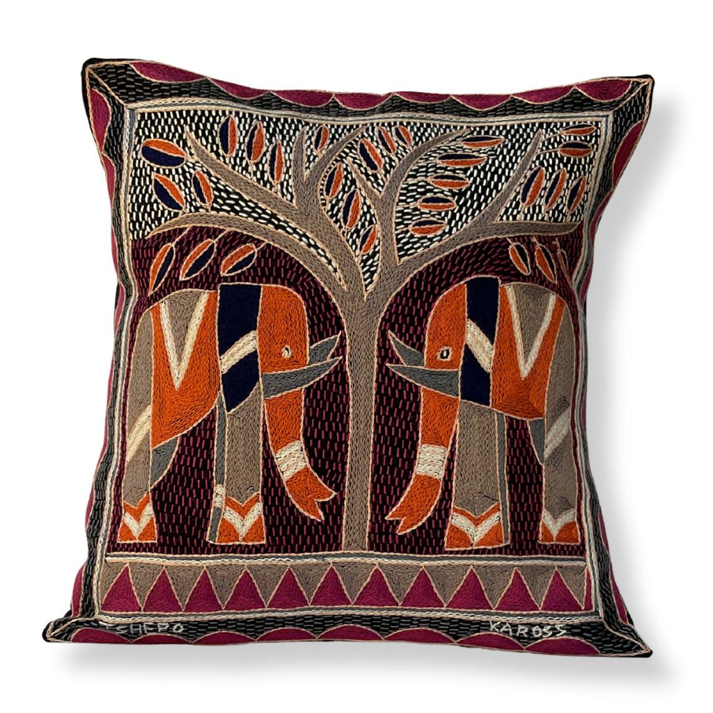 Ruby Sunset Elephant Pair Hand-Embroidered Cushion Cover