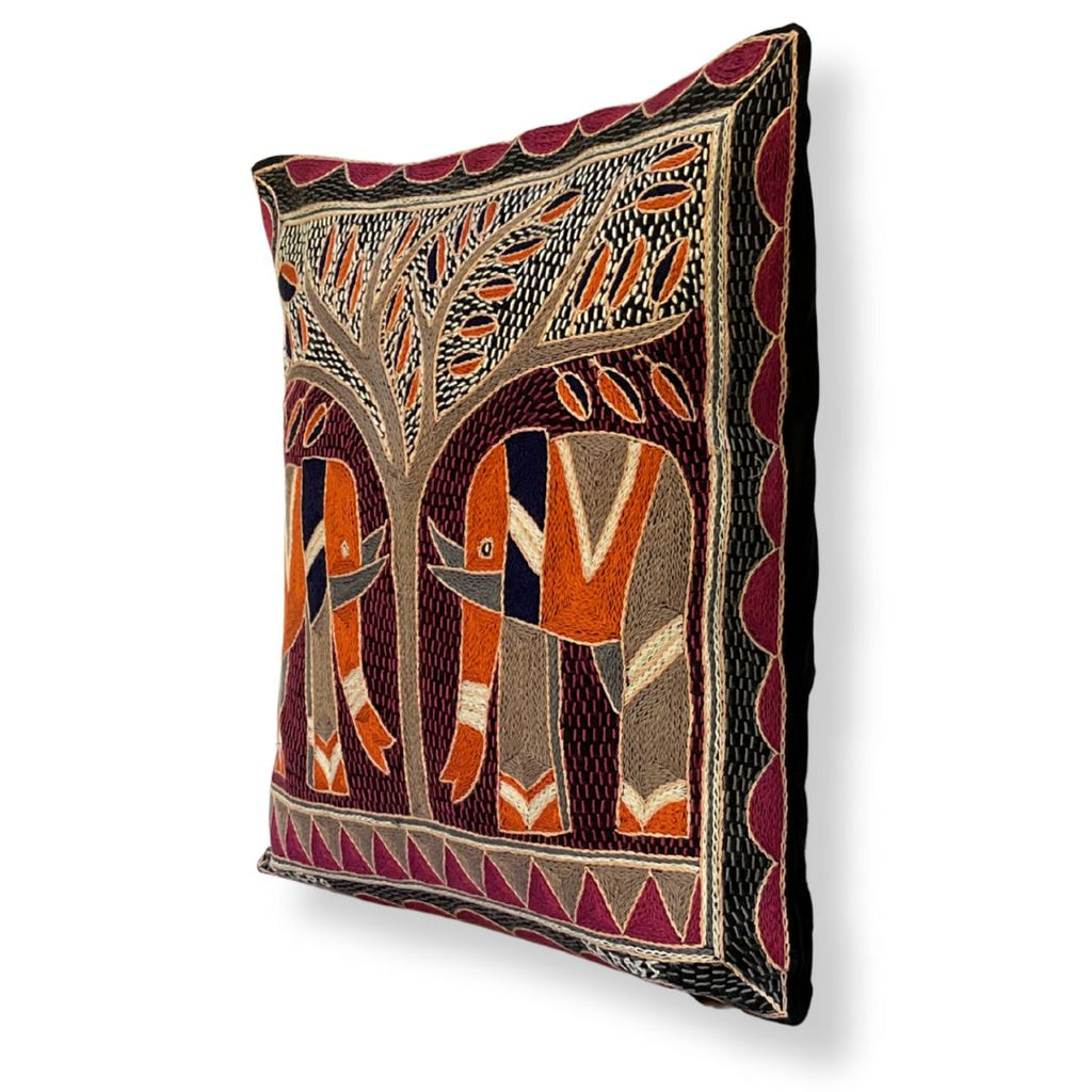 Ruby Sunset Elephant Pair Hand-Embroidered Cushion Cover