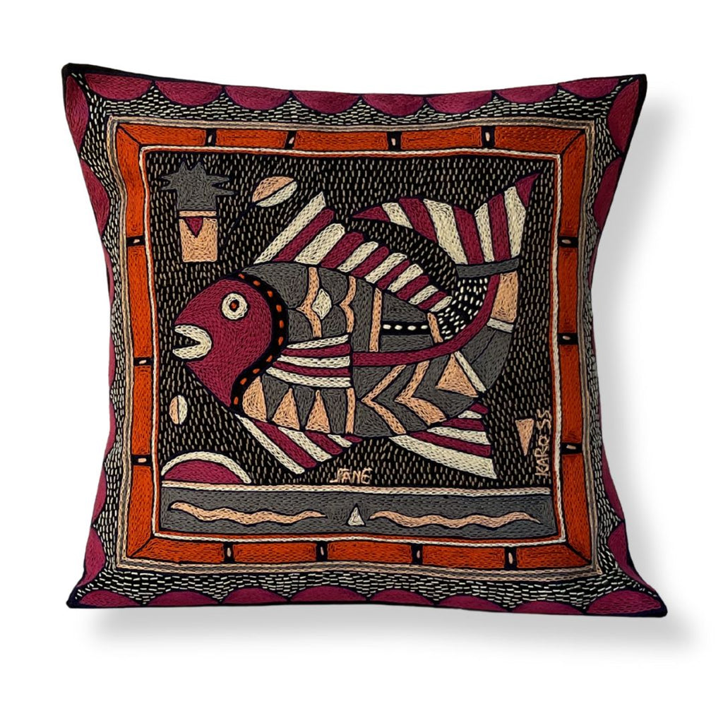 Ruby Sunset Fat Fish Hand-Embroidered Cushion Cover