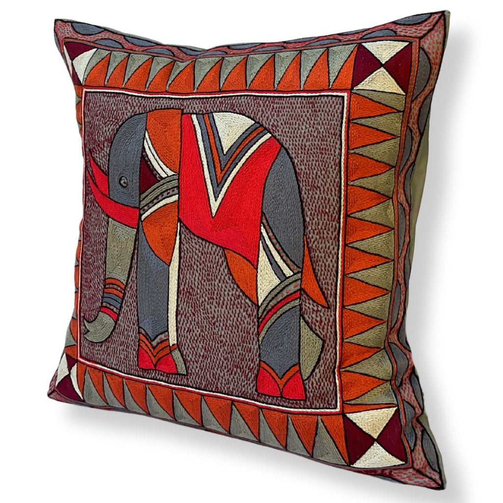 Royal Zulu Elephant Large Hand-Embroidered Cushion Cover
