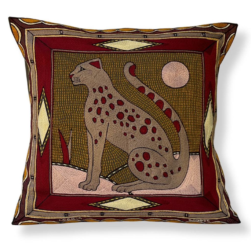 African Dawn Leopard Large Hand-Embroidered Cushion Cover