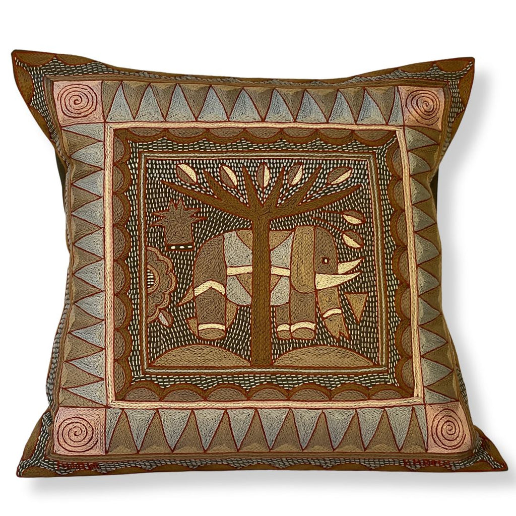 Namib Rust Elephant Behind a Tree Large Hand-Embroidered Cushion Cover