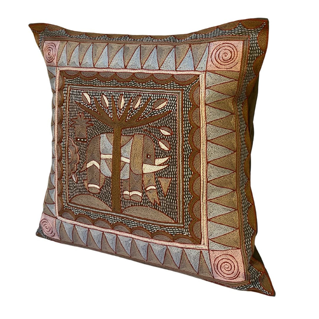 Namib Rust Elephant Behind a Tree Large Hand-Embroidered Cushion Cover