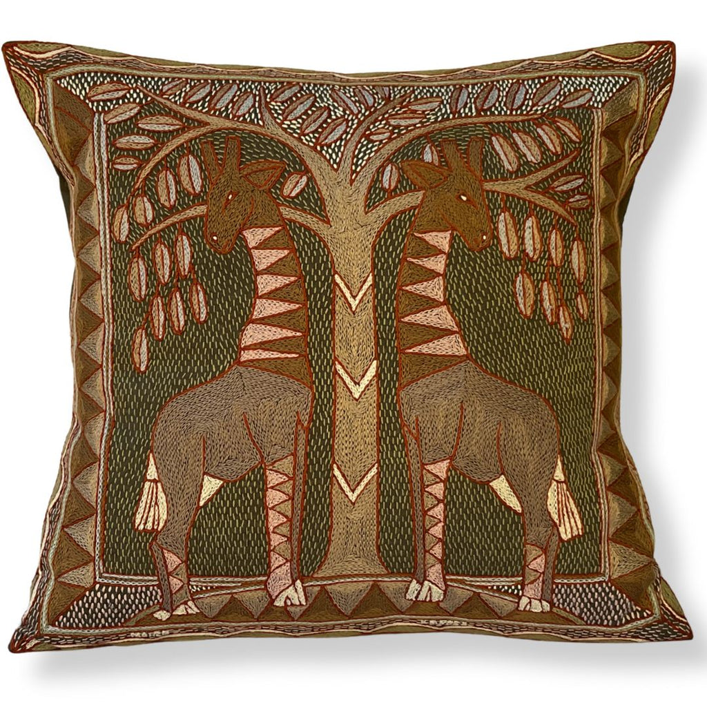 Namib Rust Giraffes Grazing Large Hand-Embroidered Cushion Cover