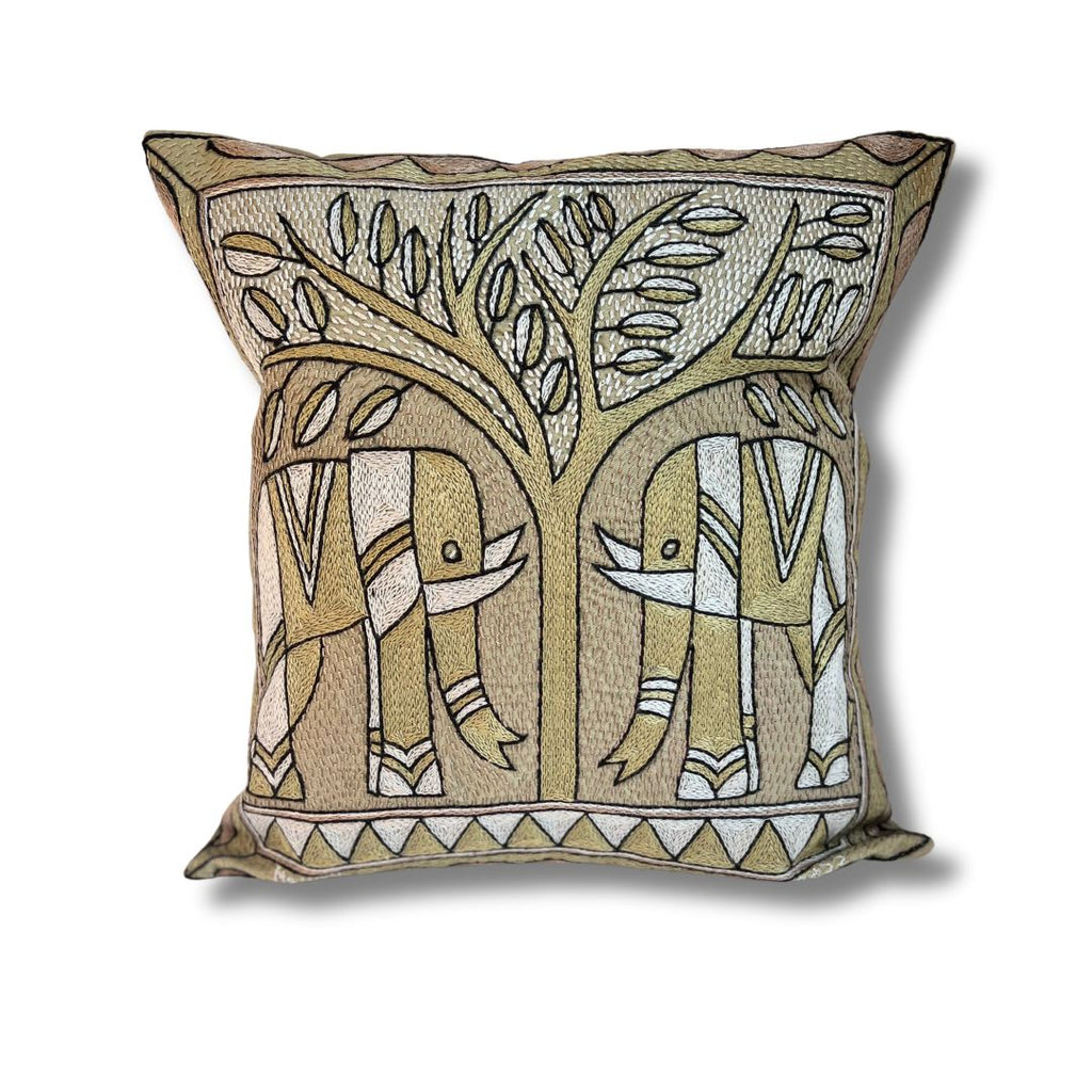 Scatterling of Africa Elephant Pair Hand-Embroidered Cushion Cover
