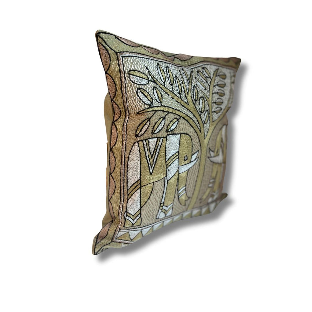 Scatterling of Africa Elephant Pair Hand-Embroidered Cushion Cover