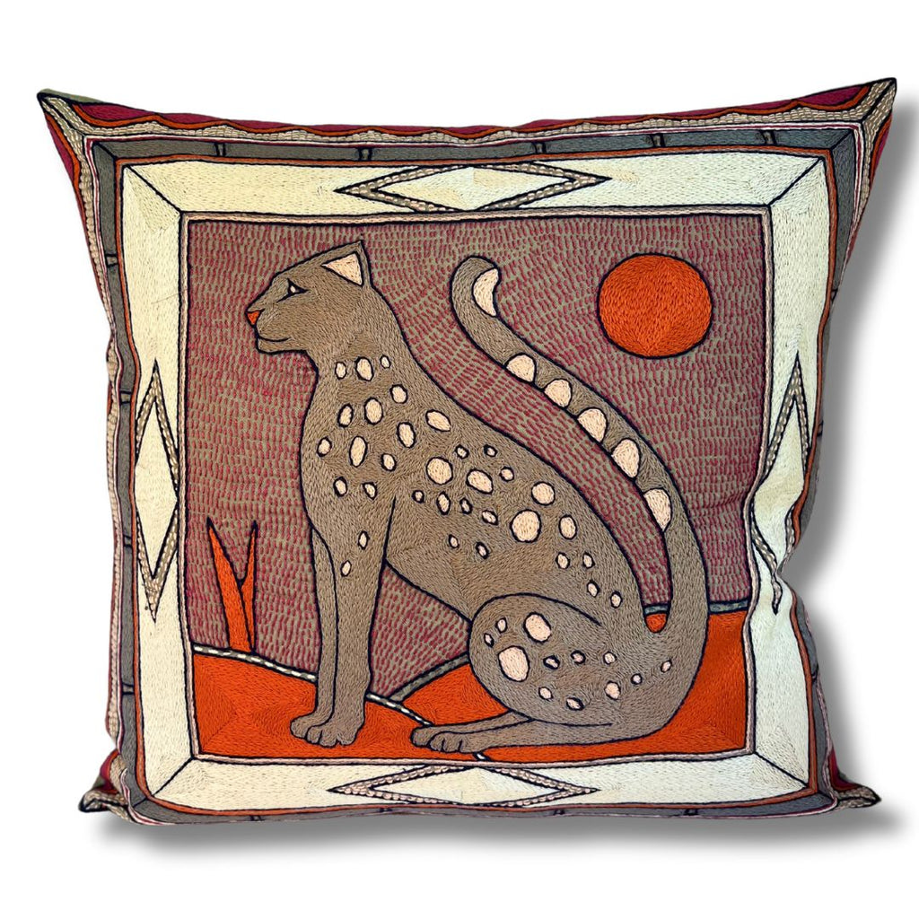 Ruby Sunset Leopard Large Hand-Embroidered Cushion Cover